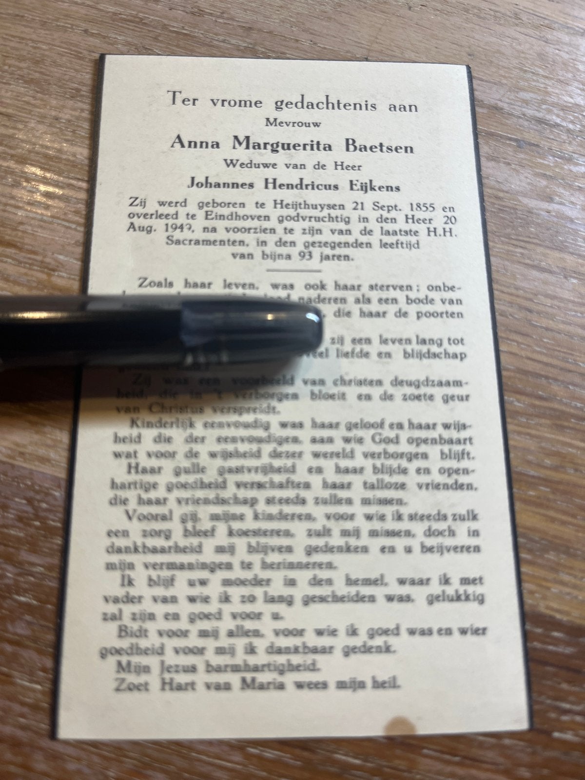 Baetsen Anna 1855 Heijthuysen 1949 Eindhoven x Eijkens, Verzamelen, Ophalen of Verzenden, Bidprentje