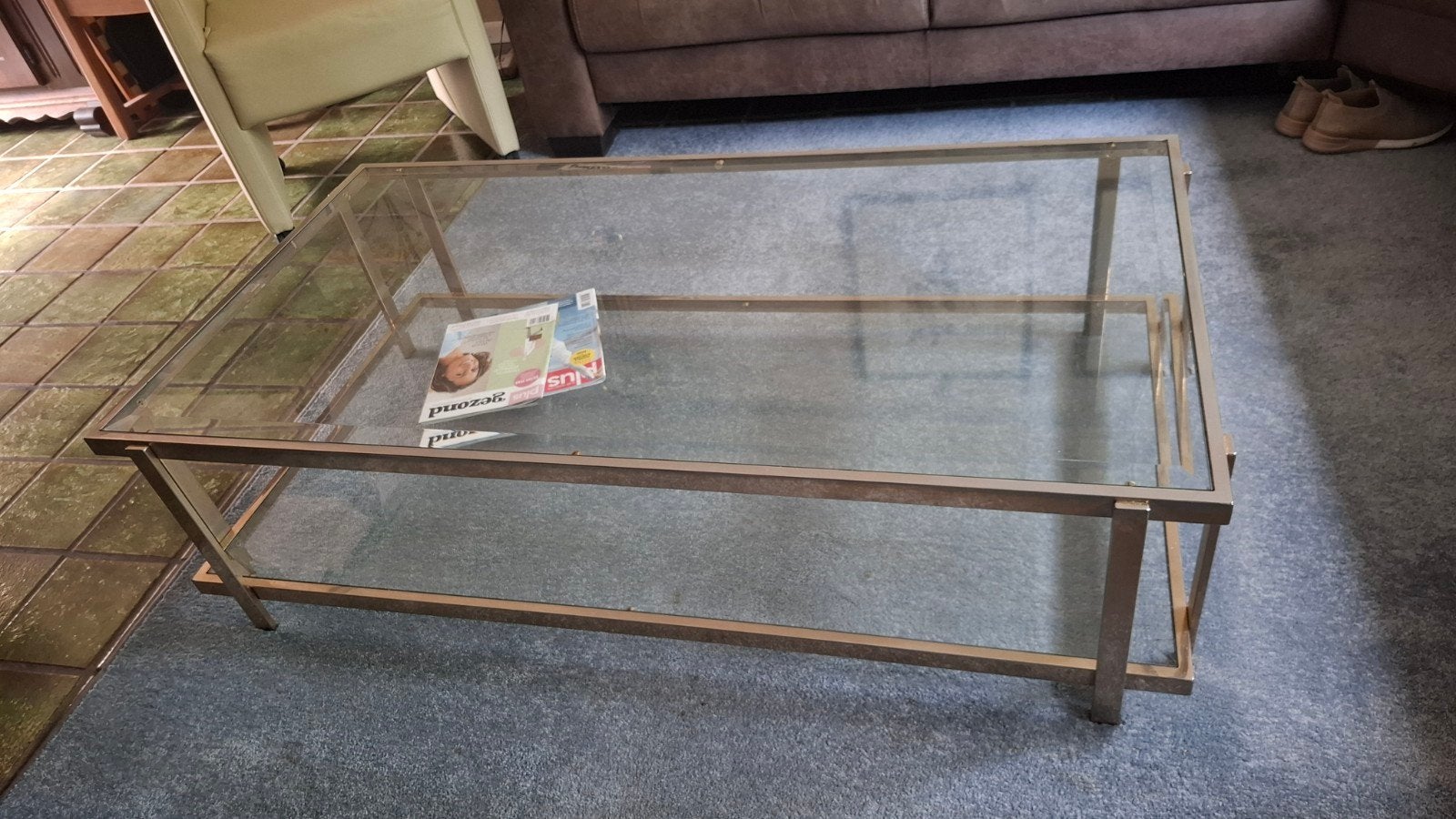 Glazen salontafel met metalen frame, Ophalen, Gebruikt, 50 tot 100 cm, 100 tot 150 cm