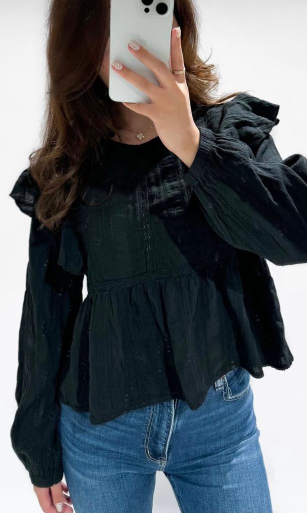 Zwarte Peplum Blouse met Ruches - Nieuw met kaartje, Ophalen of Verzenden, Nieuw, Maat 38/40 (M), Zwart