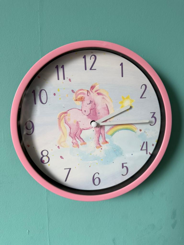 Leuke roze eenhoorn wandklok voor kinderkamer, Ophalen, Gebruikt, Wandklok