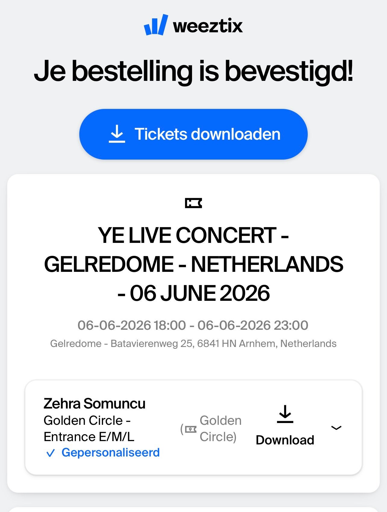 YE (Kanye West) Golden Ring Ticket GelreDome Vandaag, Tickets en Kaartjes, Eén persoon, Juni