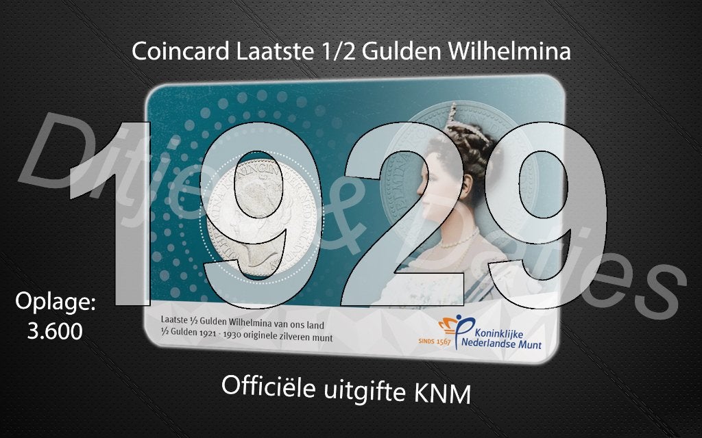 Laatste halve gulden Wilhelmina in coincard KNM 1929 B, Ophalen of Verzenden, Koningin Wilhelmina, ½ gulden, Zilver