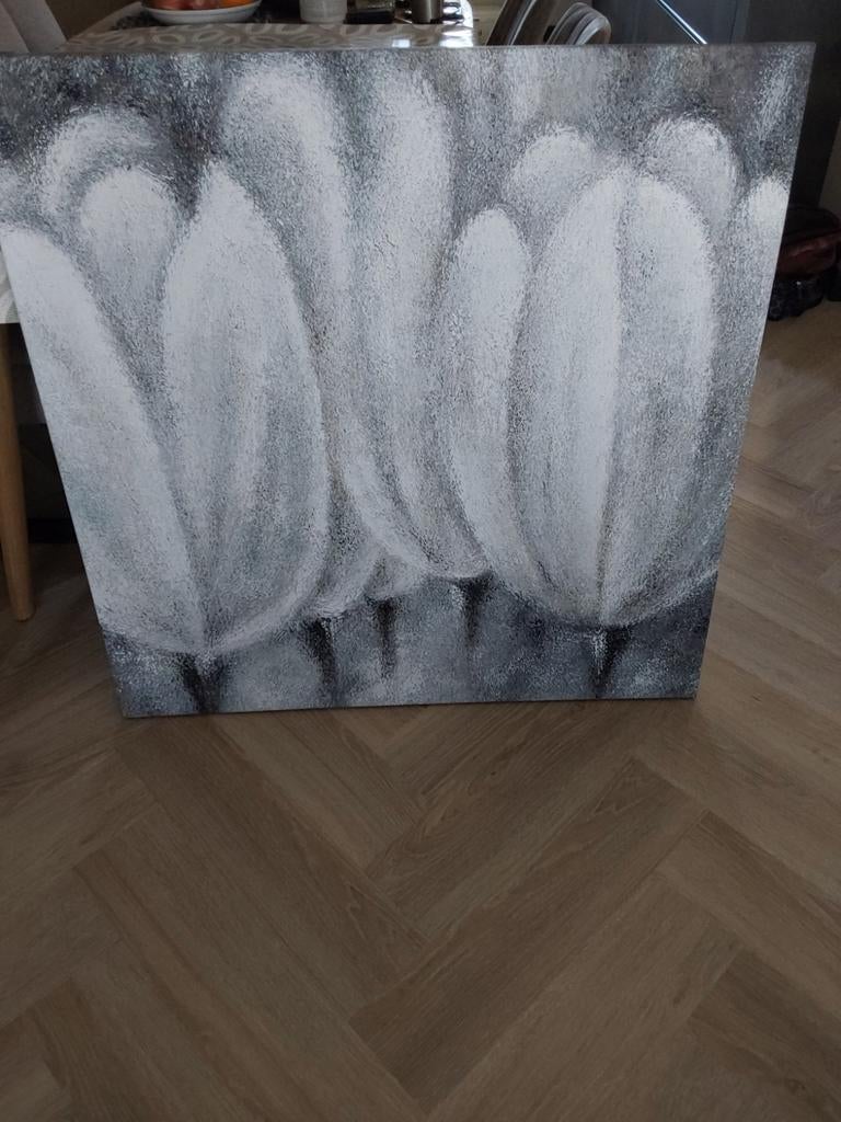 Modern Olieverf Schilderij Zwart-Wit Tulpen 100x100cm, Ophalen