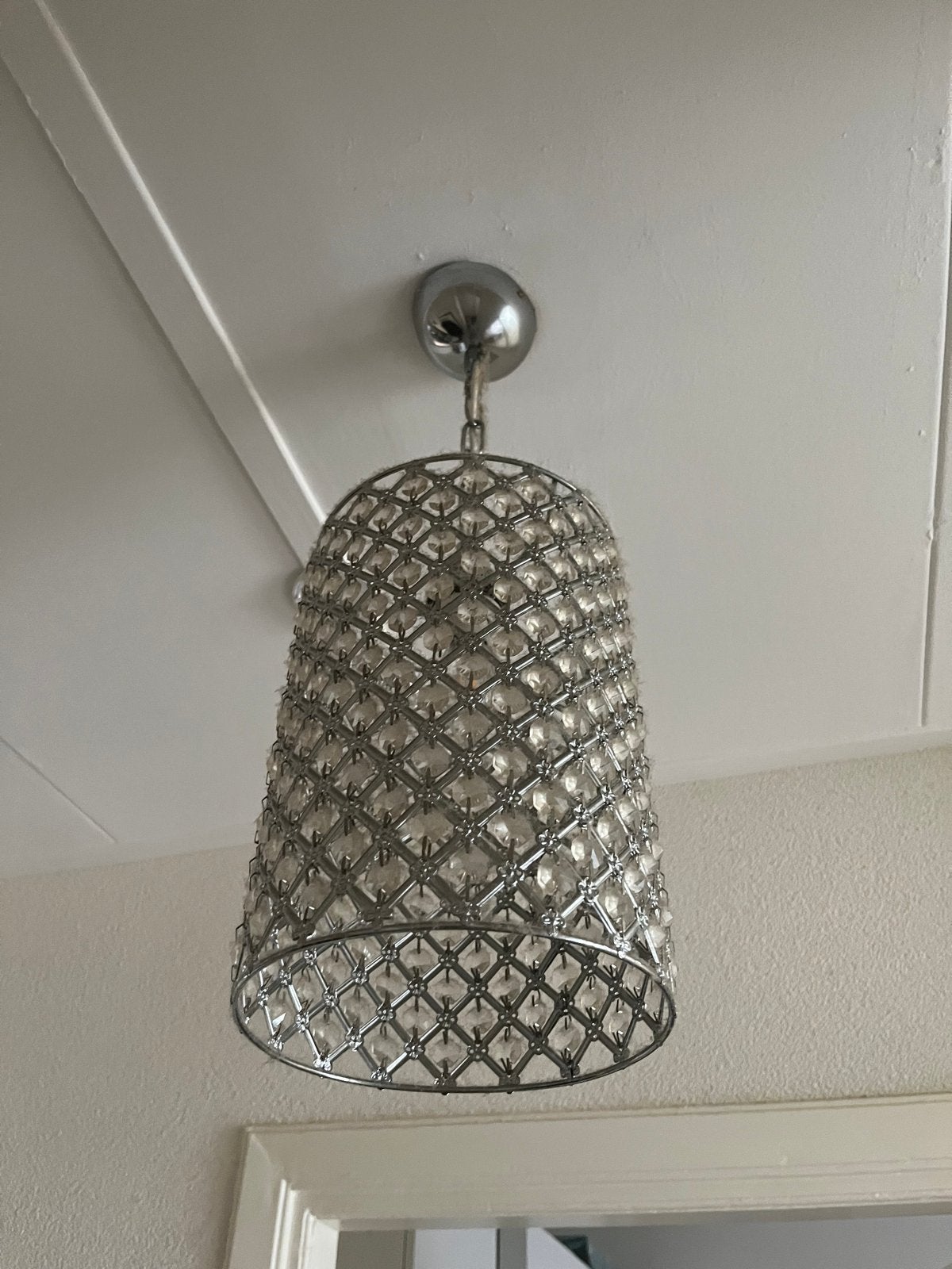 Hanglamp met kristallen, zilverkleurig, Huis en Inrichting, Lampen | Hanglampen, Ophalen, Gebruikt, Metaal, Overige fittingen