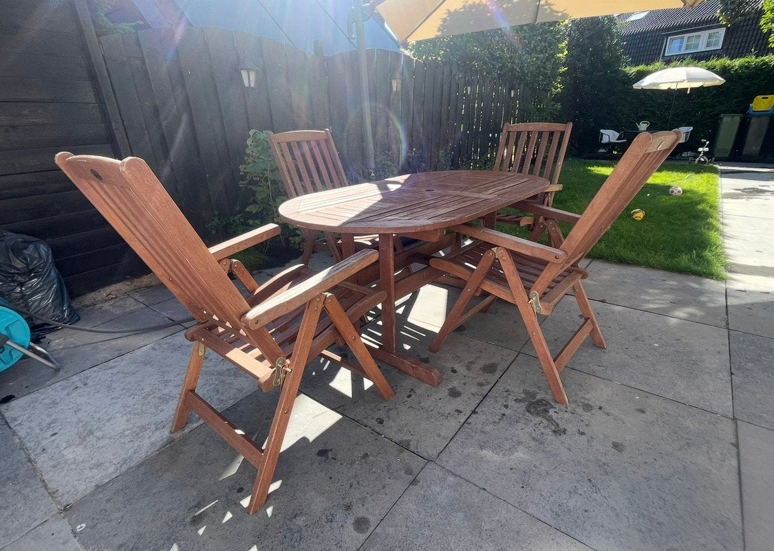 Prachtige houten tuinset, ovale tafel en verstelbare stoelen, Tuin en Terras, Ophalen of Verzenden, Zo goed als nieuw, Hout