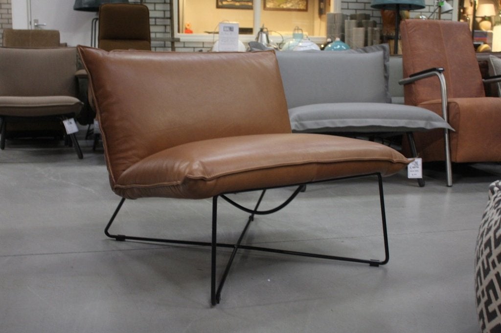 Luxe fauteuil EARL Jess design metaal leer bruin naturel, Ophalen, 75 tot 100 cm, Zo goed als nieuw, 75 tot 100 cm