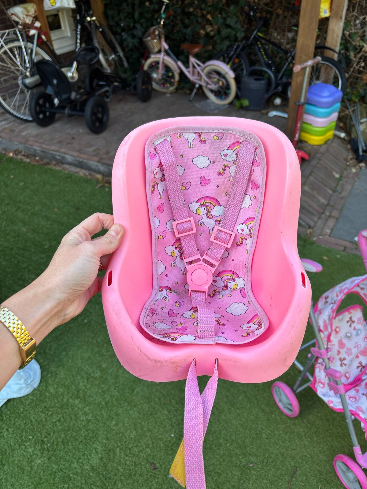 Roze fietsstoeltje voor pop GRATIS, Ophalen, Gebruikt