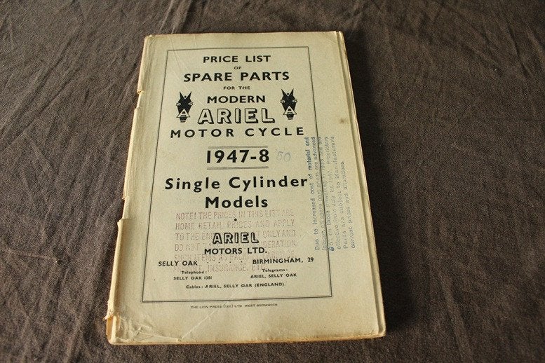 Ariel 1947 1950 single cilinder models parts list 350-600cc, Ophalen of Verzenden, Overige merken