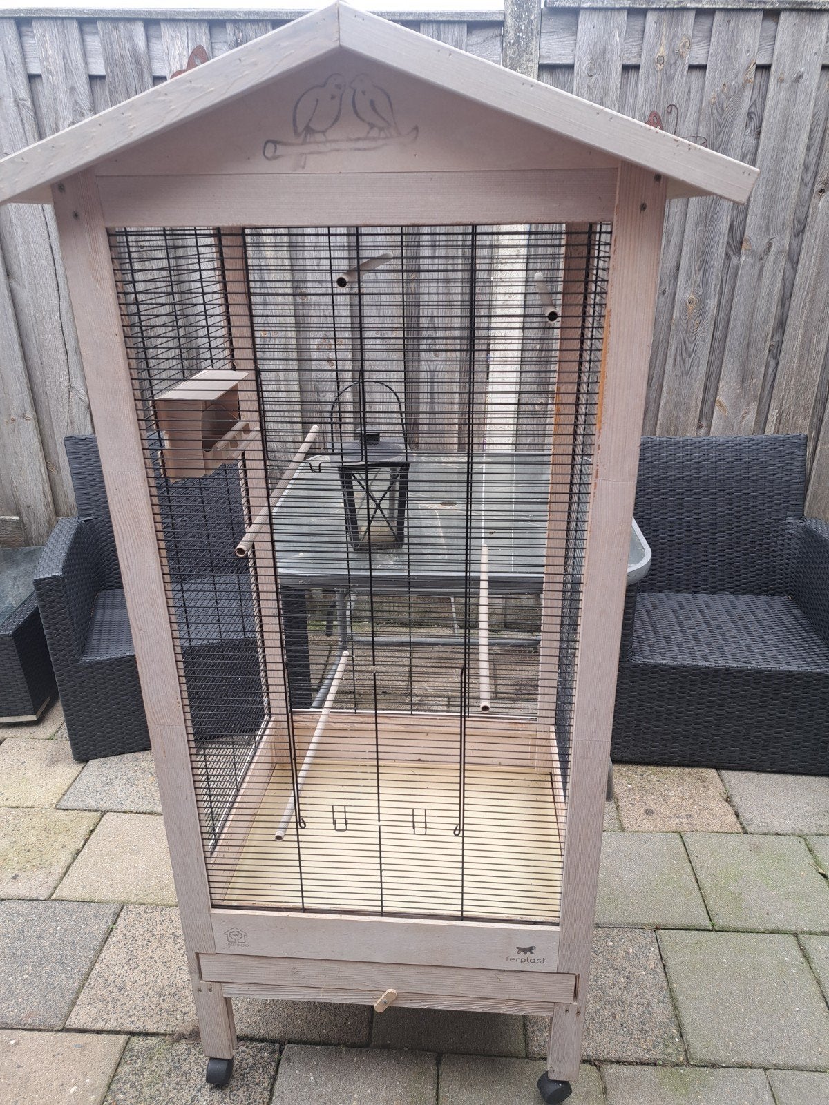 vogelkooi op wieltjes, Ophalen, Gebruikt, Hout, Vogelkooi