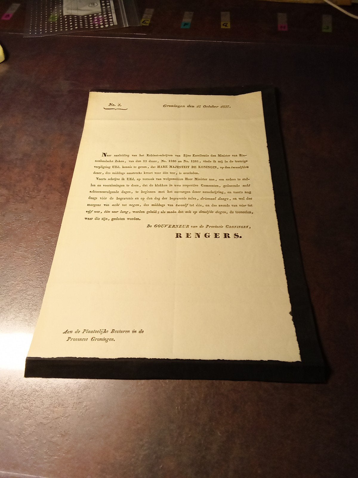 Historisch document: Overlijden Koningin Wilhemina 1837, Ophalen of Verzenden, Gebruikt, Nederland, Kaart, Foto of Prent