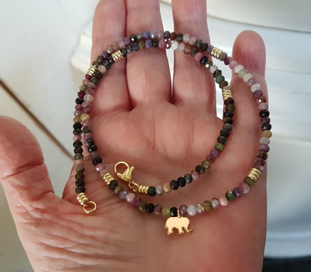 Natuurlijke Toermalijn Ketting met 24K Goldplated Olifantje, Sieraden, Tassen en Uiterlijk, Kettingen, Nieuw, Steen of Mineraal