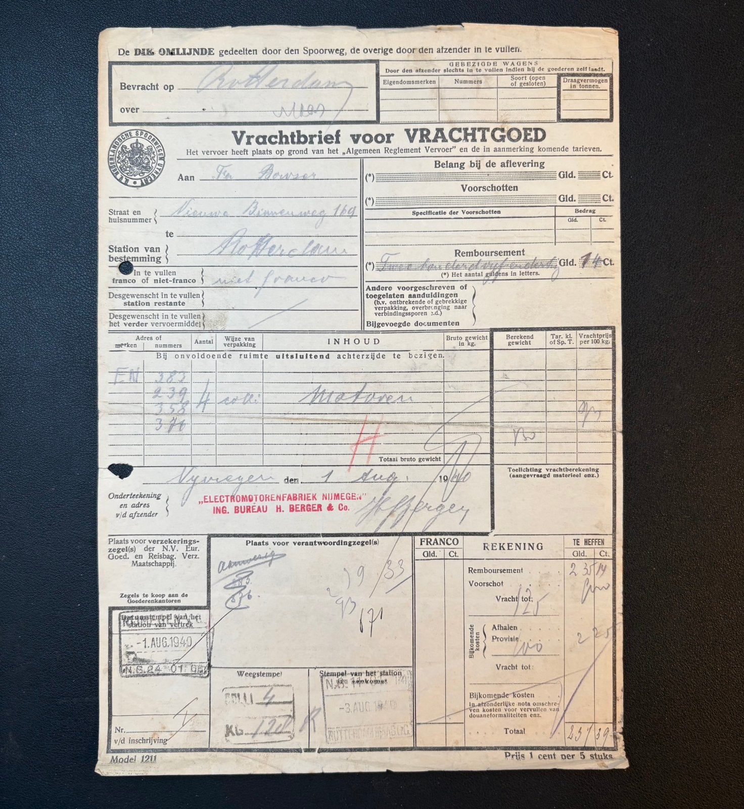 Vrachtbrief 4 motoren van Nijmegen naar Rotterdam (1940), Ophalen of Verzenden, Gebruikt, Trein