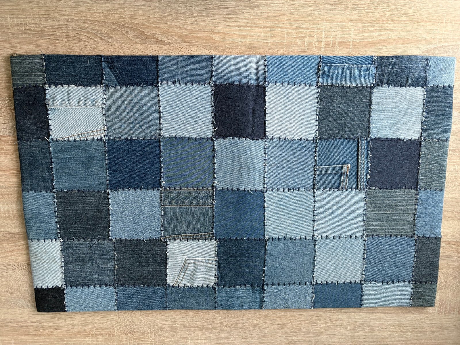 Unieke spijkerstof patchwork mat - Handgemaakt, Ophalen, Gebruikt, Blauw, 50 tot 100 cm