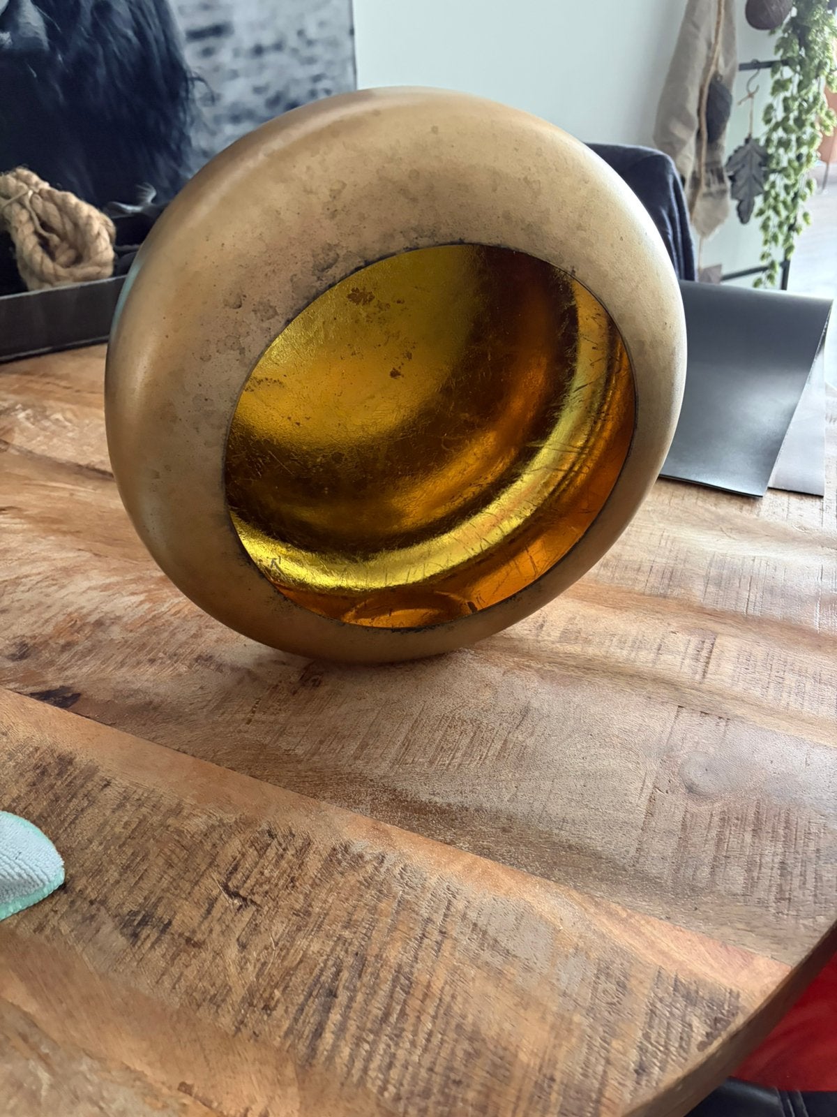 Mooi rond windlicht voor deco enz schaal rond goudkleurig, Ophalen, Zo goed als nieuw