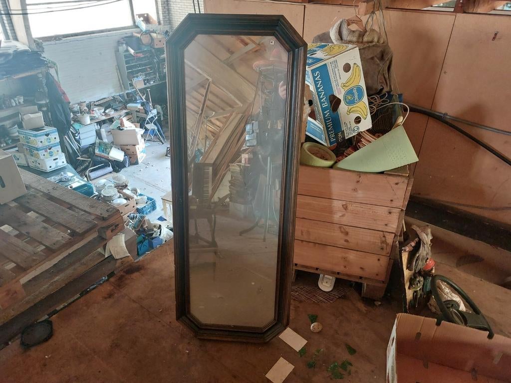 Vintage Passpiegel met Houten Lijst - Jaren '70, Ophalen of Verzenden, Overige vormen, 50 tot 100 cm, 150 tot 200 cm