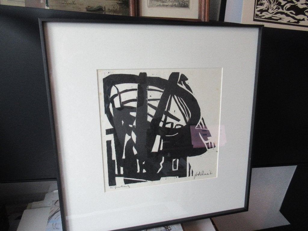 Houtsnede Jan van de Zee  - Groninger Ploeg, Ingelijst, 1950 - 1999, 41 cm, Ophalen of Verzenden