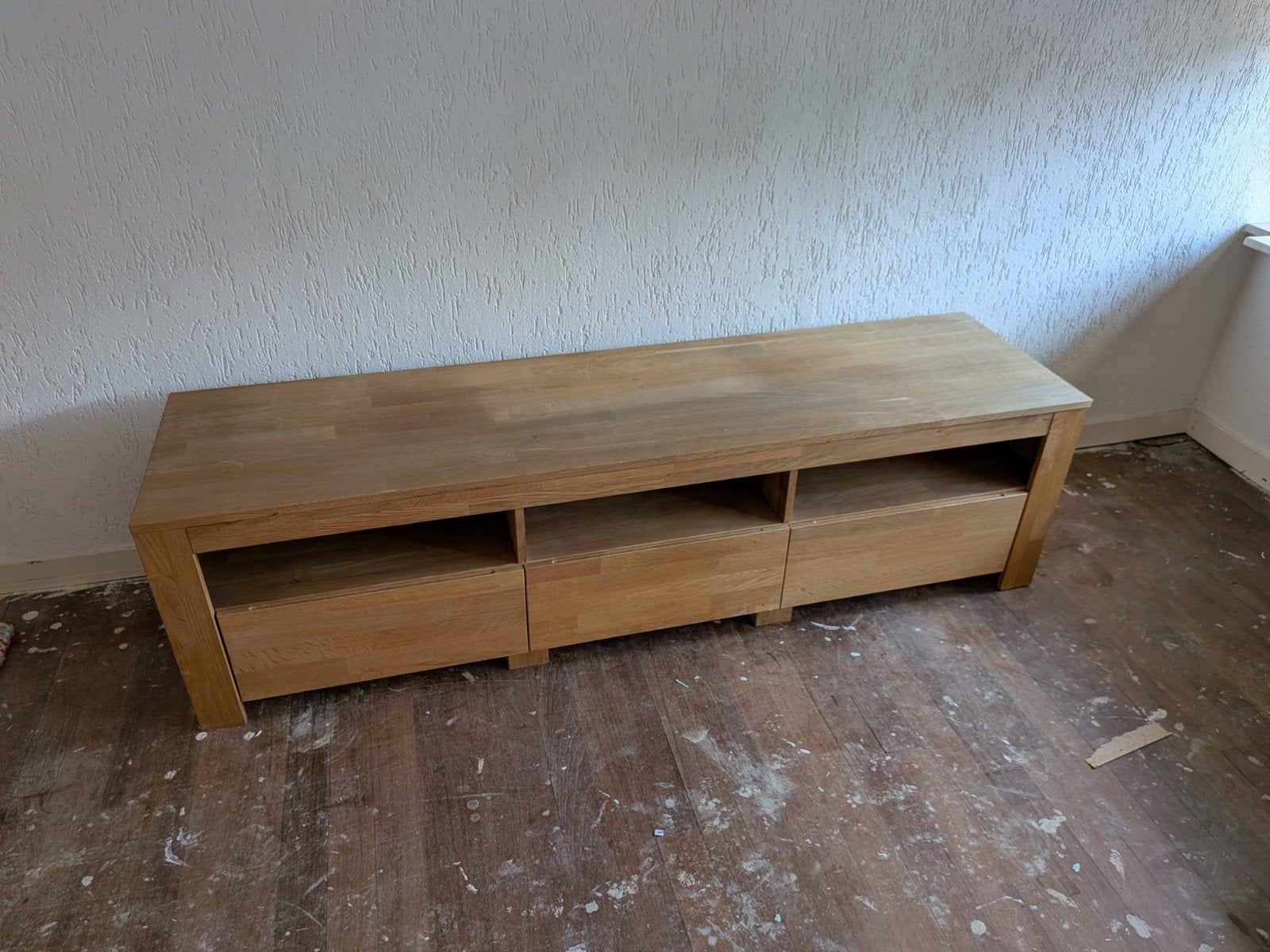 Houten TV-meubel met lades en open vakken, Ophalen, Gebruikt, 100 tot 150 cm, Modern, Natuurlijk