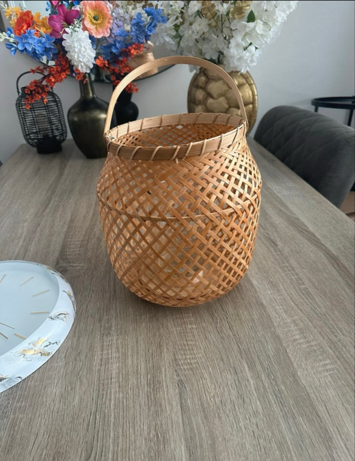 Decoratieve bamboe lantaarn met glazen houder, Hout, Boho, Ophalen of Verzenden, Zo goed als nieuw