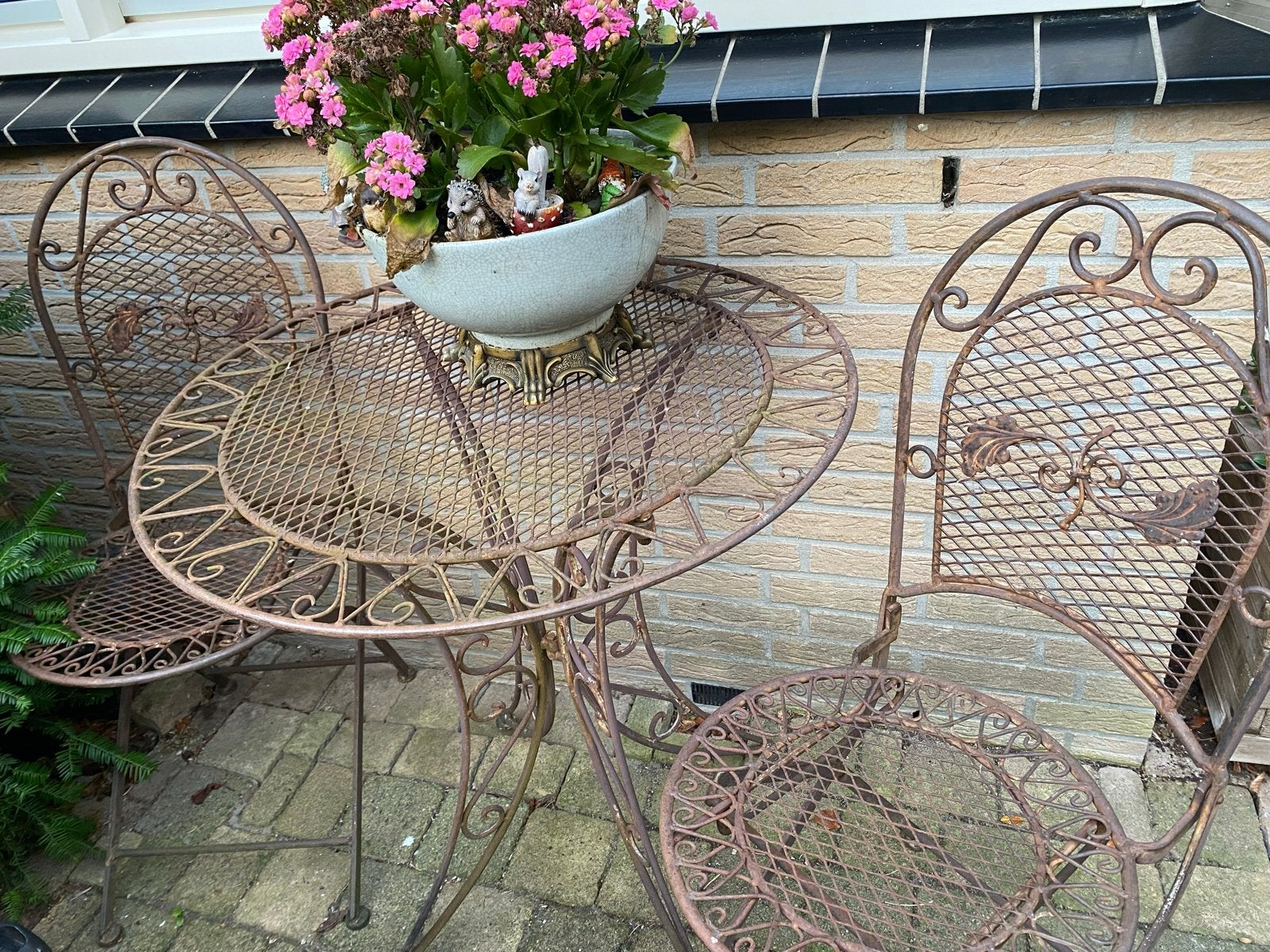 Vintage smeedijzeren tuinset/bistroset, 2 stoelen en tafel, Tuin en Terras, Overige materialen, Gebruikt, Eettafel, Tuinset