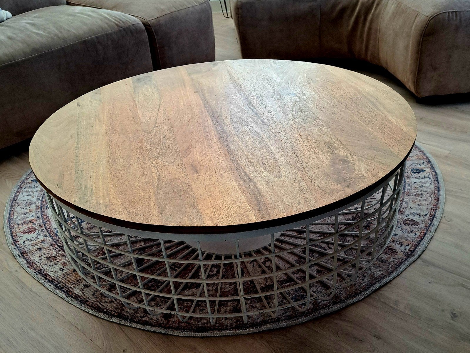 Salontafel rond 100cm hout met metalen onderstel, Gebruikt, 100 tot 150 cm, Rond, 50 tot 100 cm