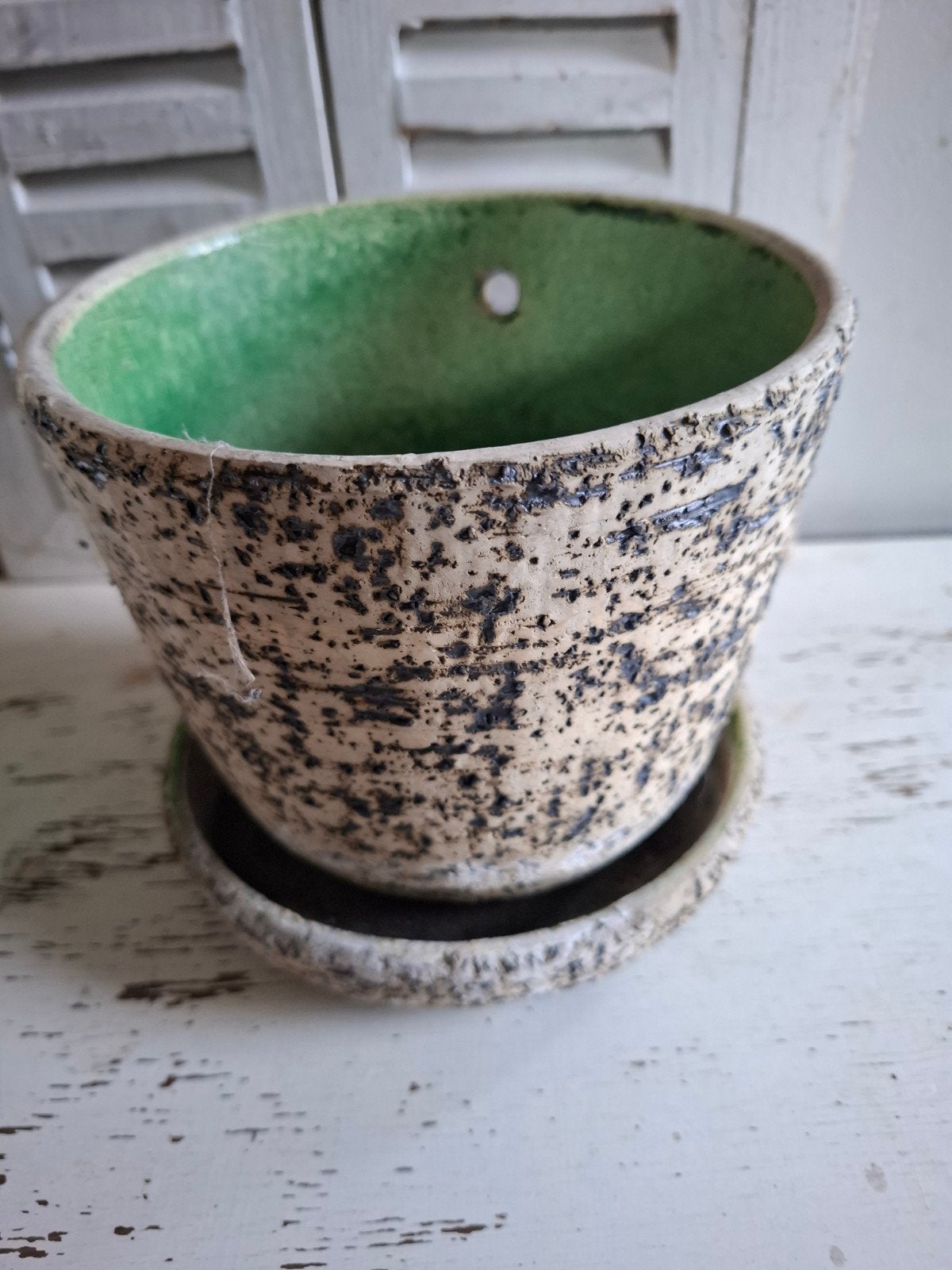 vintage berkenbast bloempot met vaste schotel, Rond, Ophalen of Verzenden, Zo goed als nieuw, Aardewerk