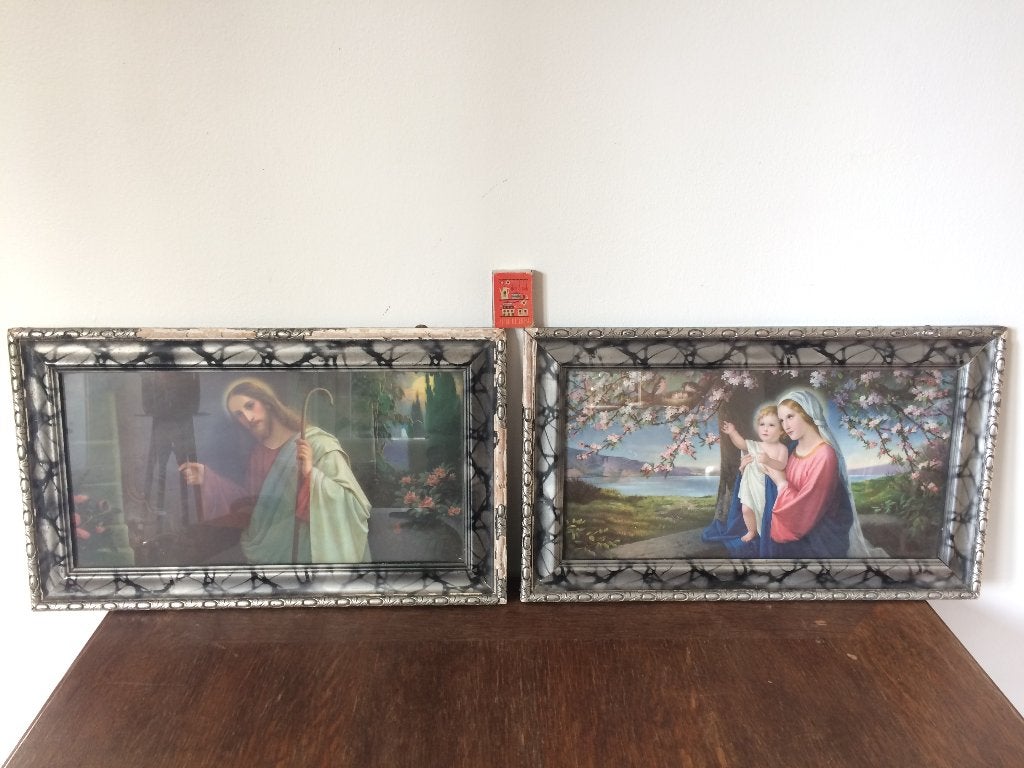 2 Jezus & Maria schilderijtjes jaren 60 roze pastel grijs, Huis en Inrichting, Woonaccessoires | Schilderijen, Tekeningen en Foto's