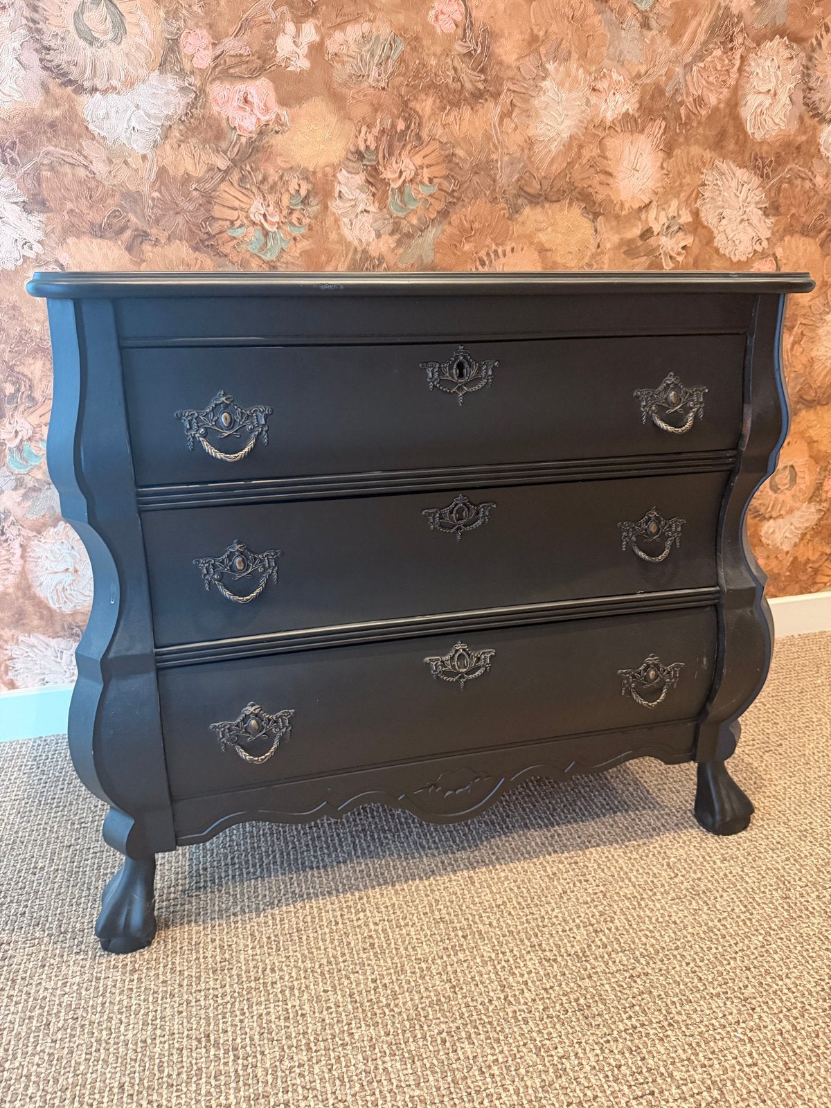 Antieke commode, zwart, 3 laden, barokstijl, Ophalen
