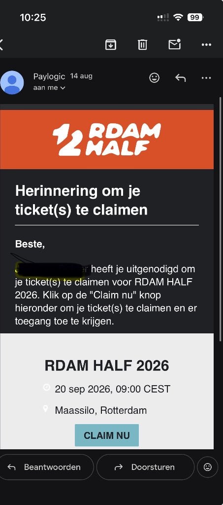 Ticket halve marathon Rotterdam 20 sept, Tickets en Kaartjes, Eén persoon