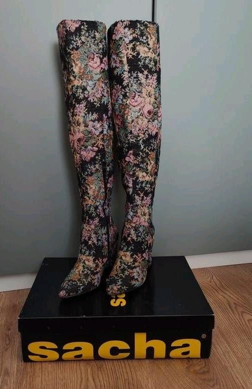 Super gave overknee laarzen met bloemenprint en glitter, Hoge laarzen, Zwart, Ophalen of Verzenden, Zo goed als nieuw