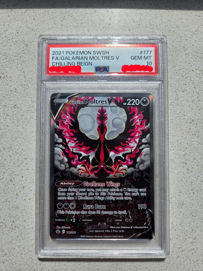 PSA 10 Galarian Moltres V 177 Chilling Reign, Ophalen of Verzenden, Zo goed als nieuw, Losse kaart