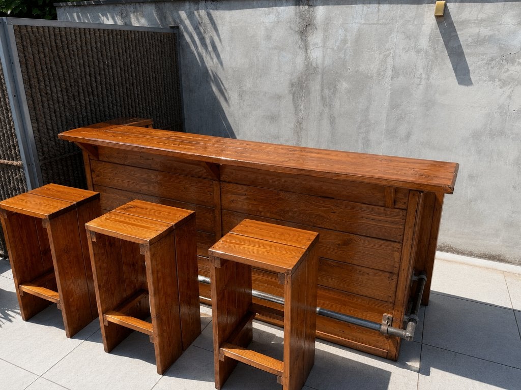 Buitenbar met 4 krukken, Ophalen of Verzenden, Gebruikt, Inclusief barstoelen