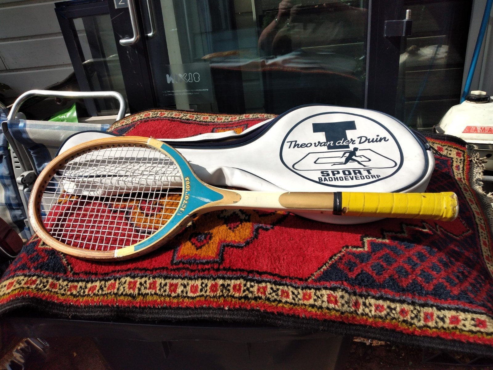 Vintage houten tennisracket met hoes - TheovanderDuin, Ophalen of Verzenden