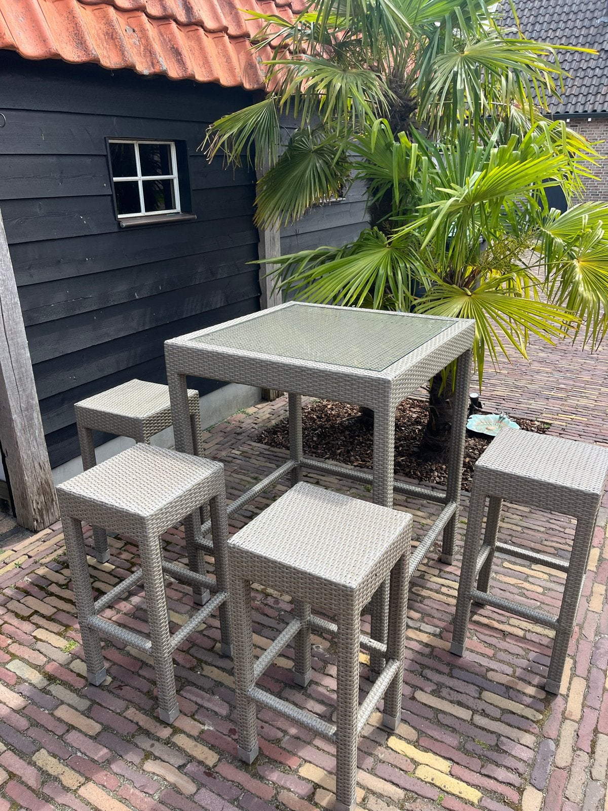 Wicker Bartafel Set Buiten met Krukken - Zeer Goede Staat, 4 zitplaatsen, Gebruikt, Eettafel, Ophalen of Verzenden