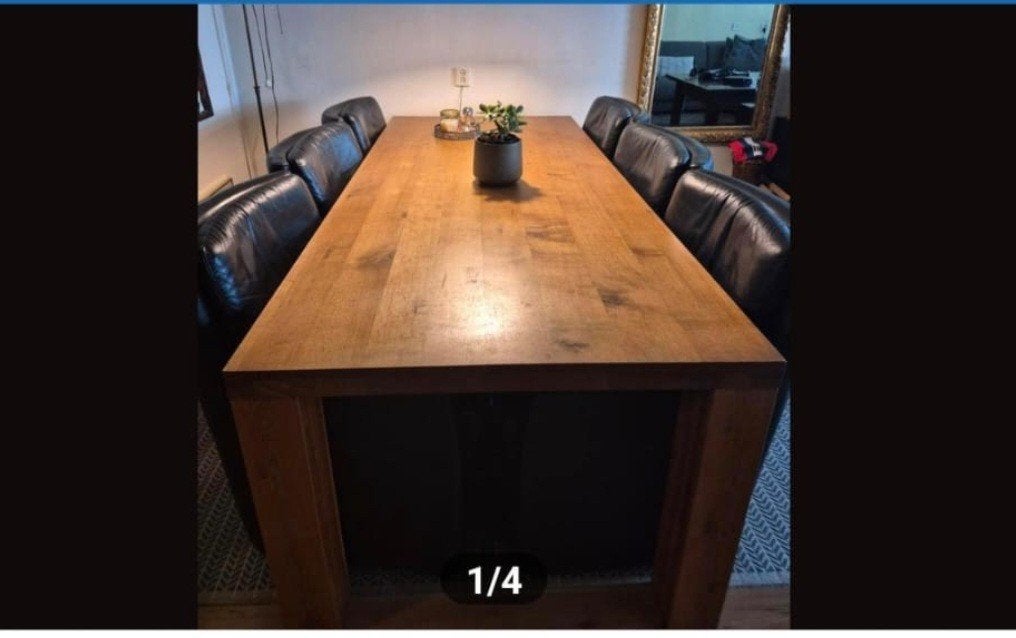 Robuuste eikenhouten eettafel met 6 draaistoelen., 200 cm of meer, Vijf personen of meer, Overige materialen, Rechthoekig