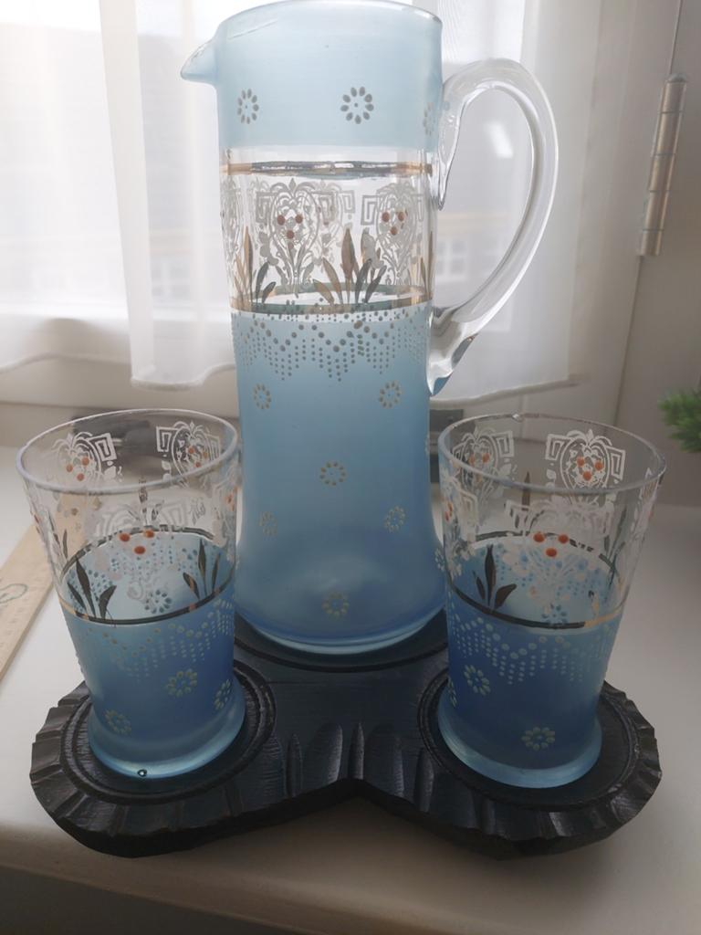 Vintage Karaf en Glazen Set - Blauw met Gouden Decoratie, Ophalen