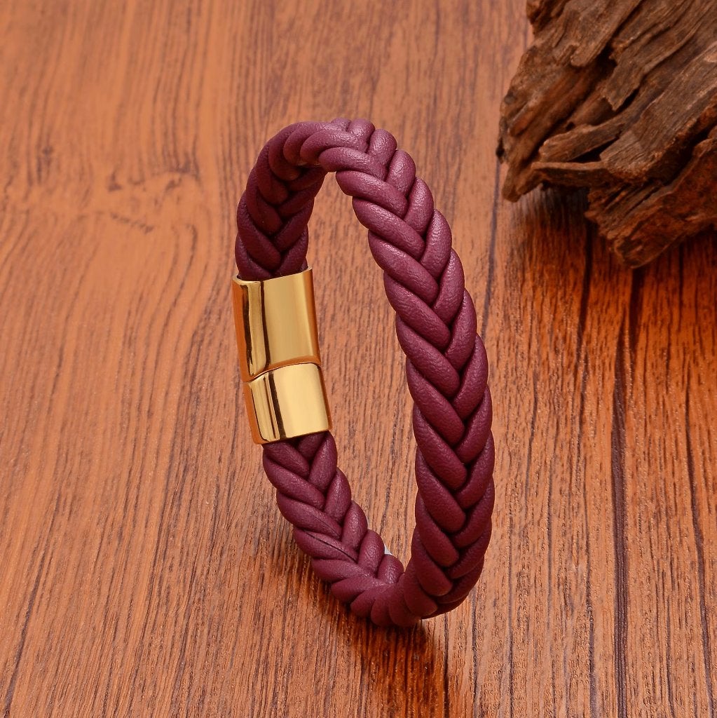 Gevlochten Leren Paarse Armband Met Gouden Sluiting, Verzenden, Nieuw, Paars, Leer