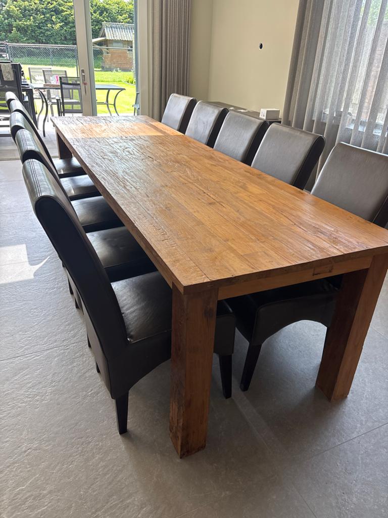 Teak eettafel 300x90cm met 10 stoelen, Ophalen, Gebruikt, Teakhout, 200 cm of meer