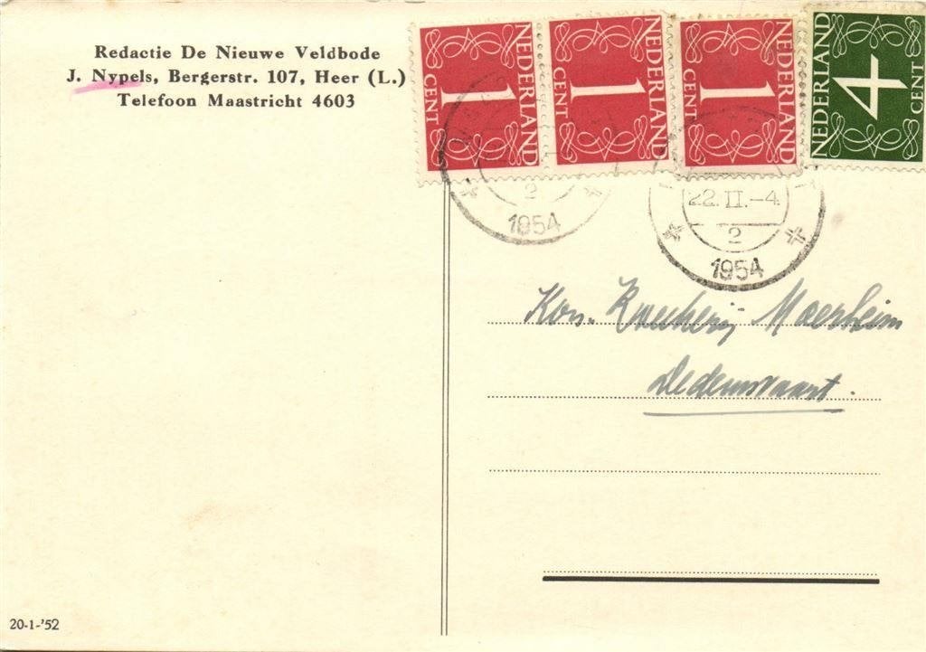 Redactie De Nieuwe Veldbode. Heer [L.] - 02.1954 - briefkaar, Ophalen of Verzenden, Briefkaart