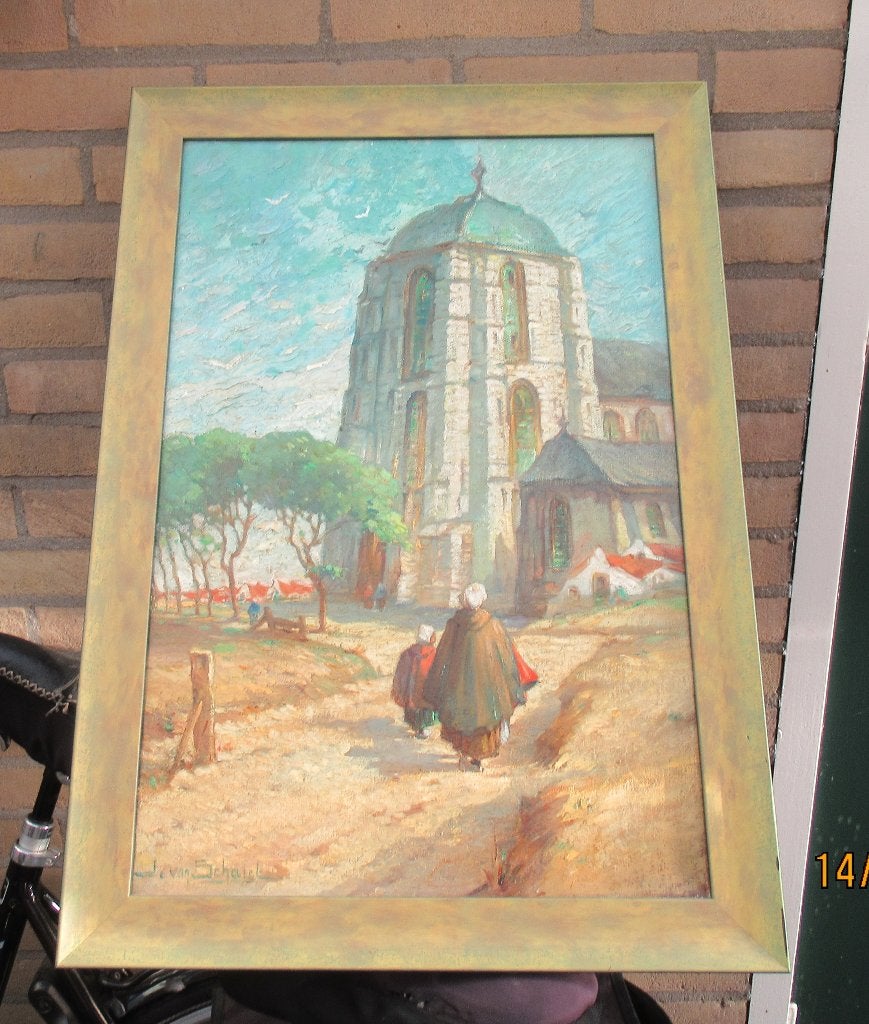 OUD SCHILDERIJ- GROTE KERK VAN VEERE- ZEELAND J VAN SCHAICK, Ophalen, Klassiek, Gesigneerd, Stads- / dorpsgezicht