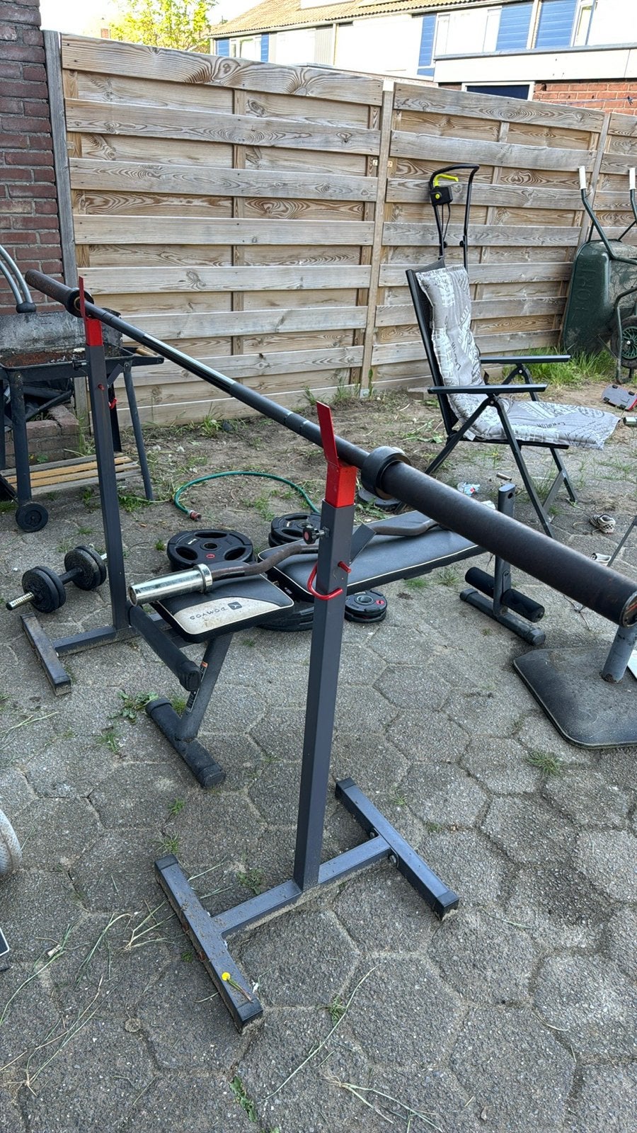 Complete Krachtstation: Bankdrukken, Halters & Gewichten, Ophalen, Gebruikt, Armen, Fitnessbank