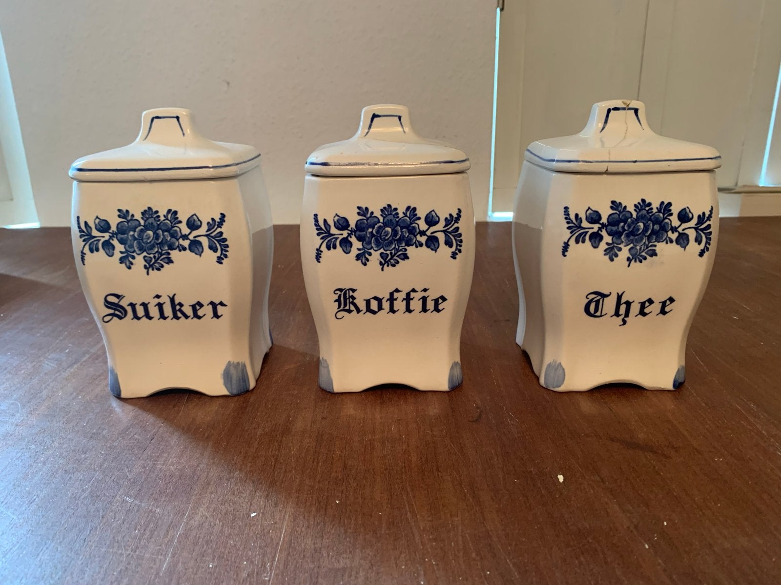 Antieke Delfts Blauwe Voorraadpotten (Suiker, Koffie, Thee), Antiek en Kunst, Ophalen