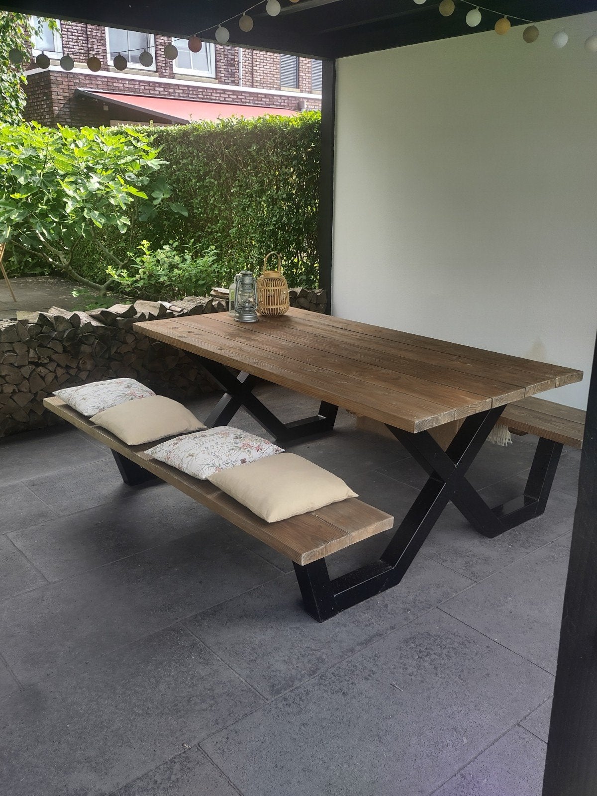 8-10 persoons Hout/stalen picknick tafel, Tuin en Terras, Picknicktafels, Ophalen, Zo goed als nieuw, Rechthoekig, Hout