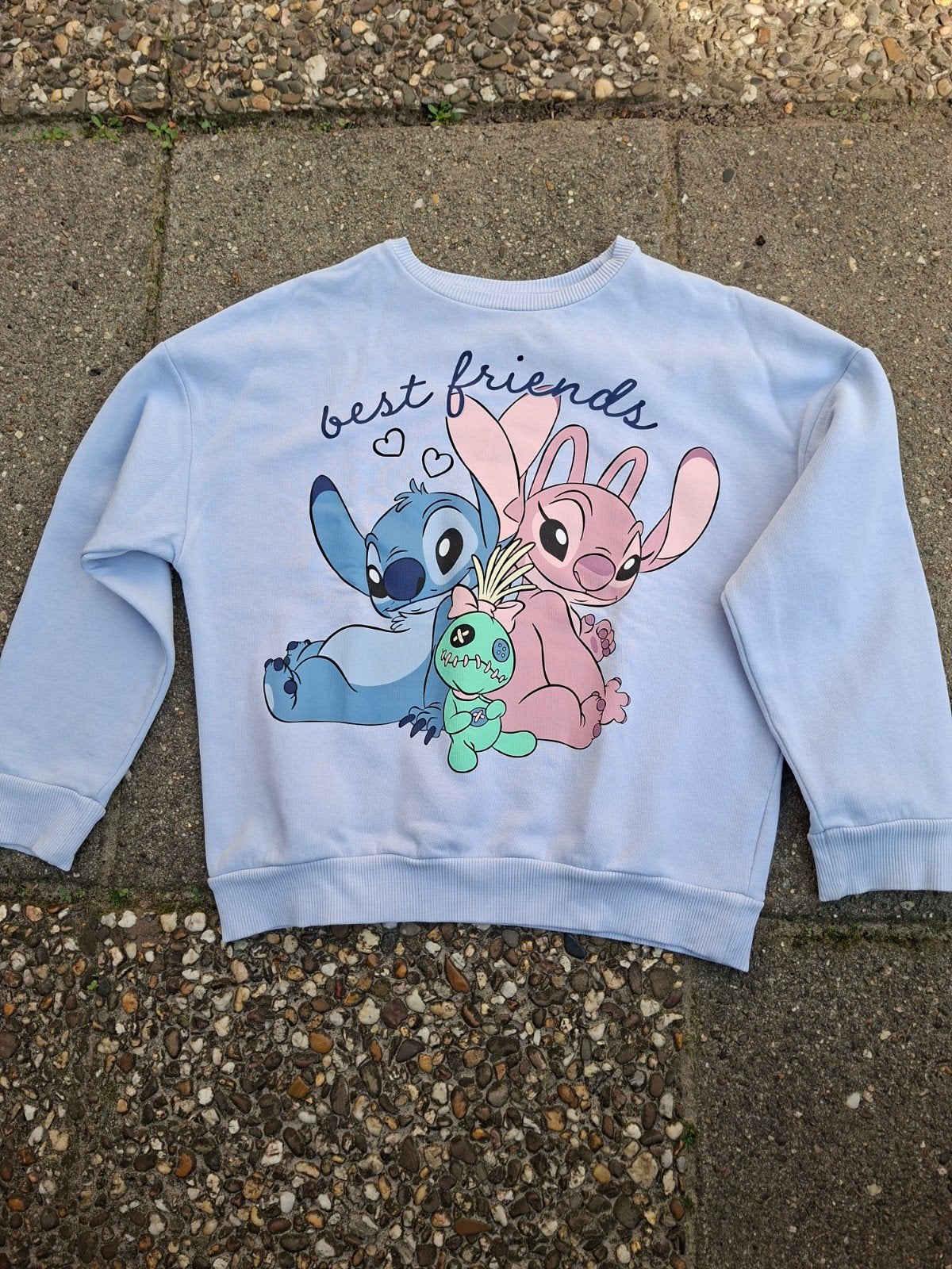 Lichtblauwe Stitch & Angel 'Best Friends' sweater, Ophalen of Verzenden, Zo goed als nieuw, Meisje, Trui of Vest