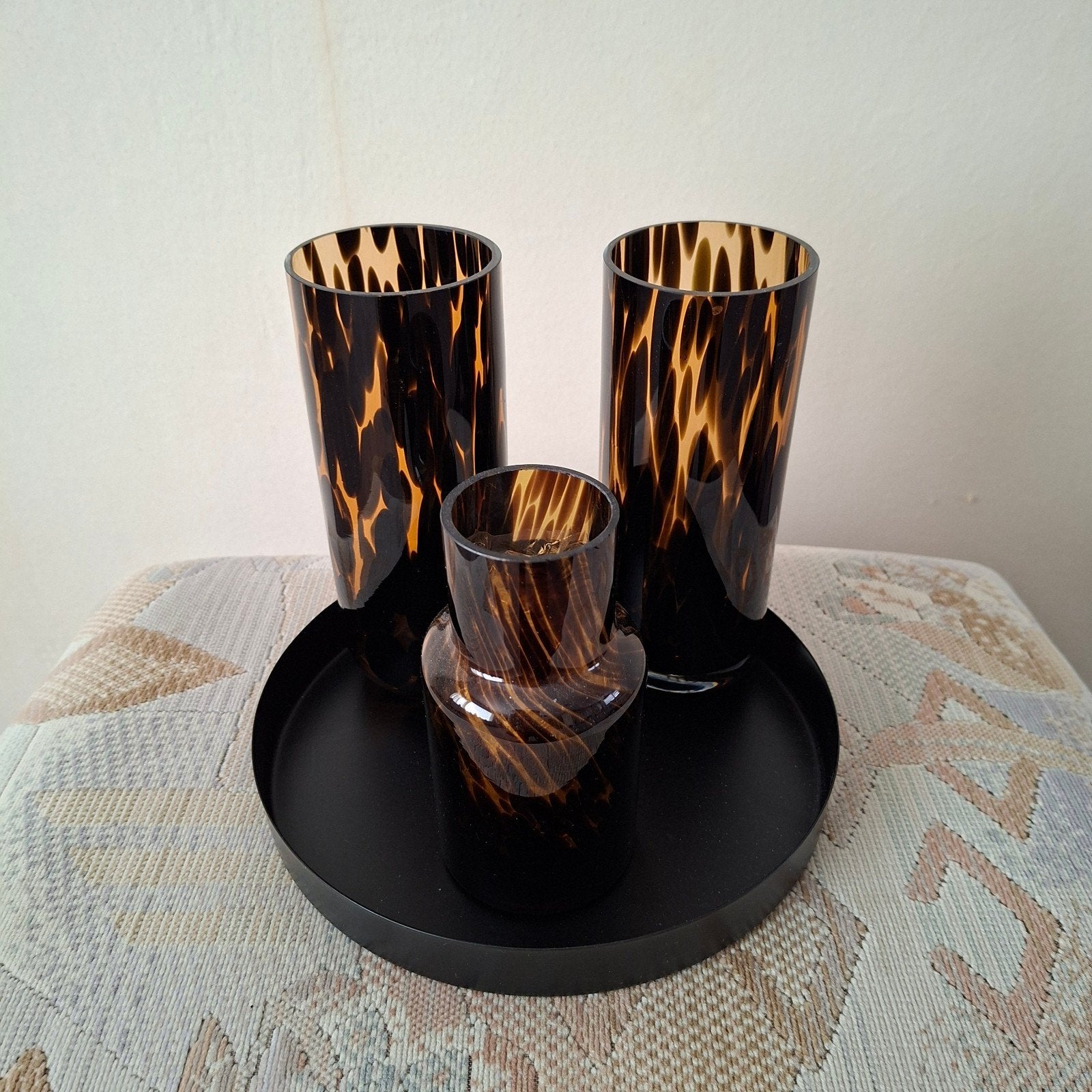 Bruin cheetah glazen vaasjes, Ophalen of Verzenden, Bruin, Glas