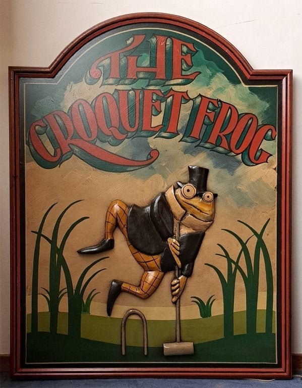 Engels pubsign in reliëf "The Croquet Frog", Ophalen, 70 cm, Hout, Vintage