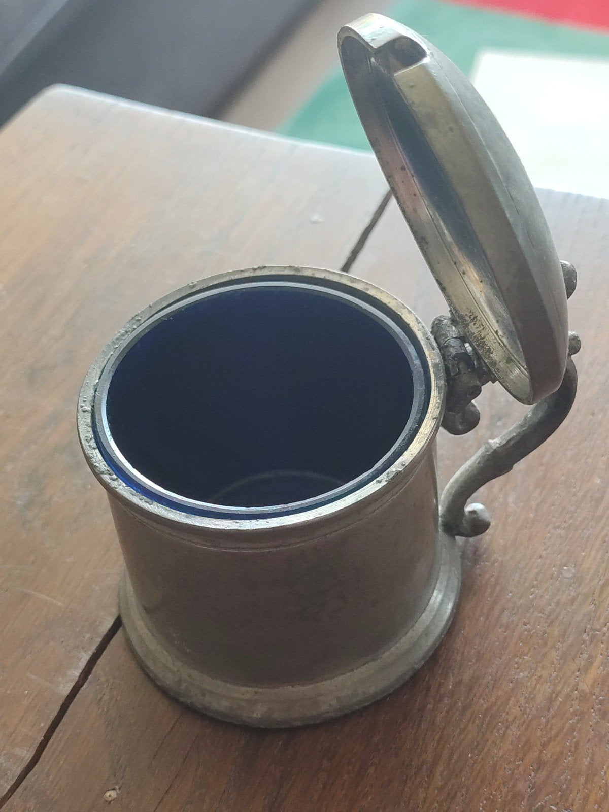 Antiek Tinnen Mosterdpotje met Kobaltblauw Glas - 19e Eeuw, Ophalen of Verzenden