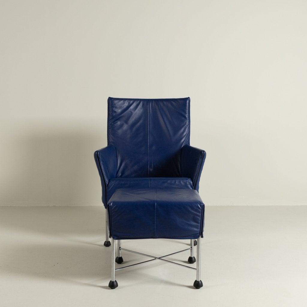 Montis Charly Fauteuil Donkerblauw Leer - Aluminium (Op Dopp, Niet ingevuld, Zo goed als nieuw, Niet ingevuld, Niet ingevuld
