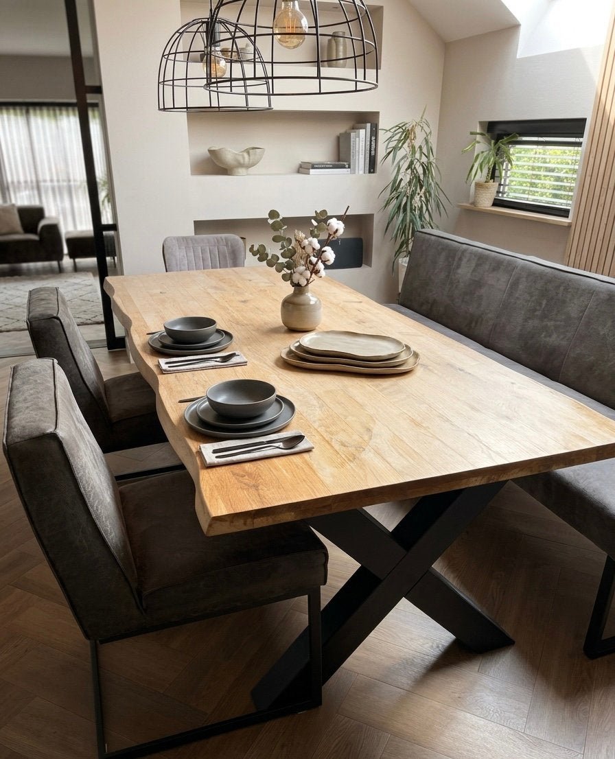 Eetkamerset eiken boomstamtafel 240, 6 stoelen en bankje, Ophalen, Zo goed als nieuw