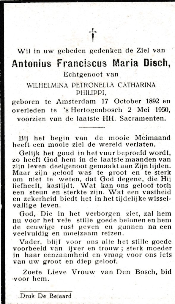 Disch Antonius 1892 Amsterdam 1950 Den Bosch, Ophalen of Verzenden, Bidprentje