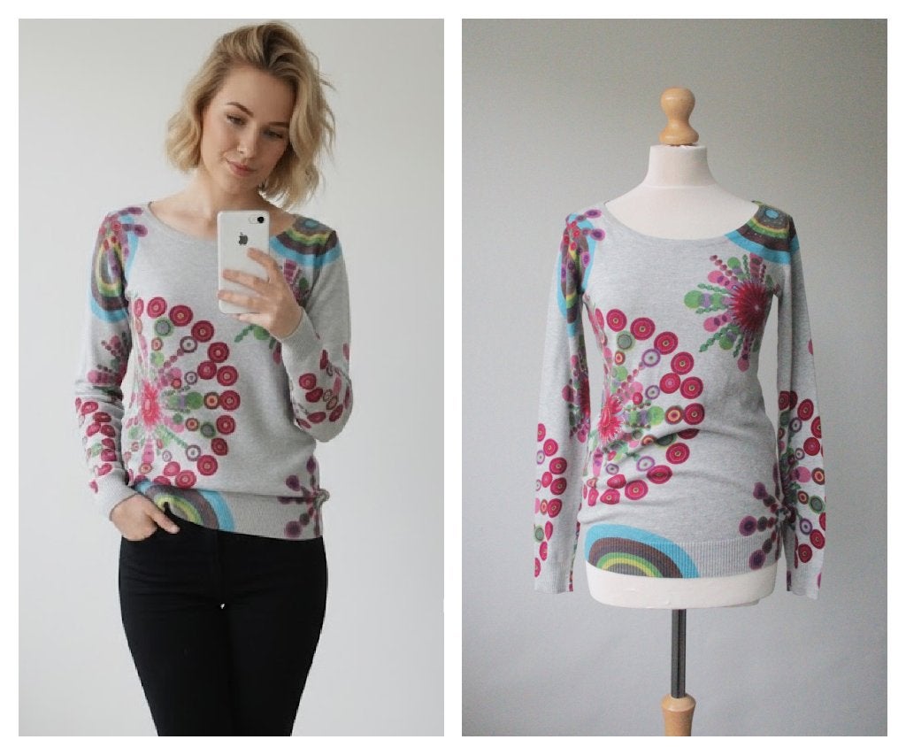 Desigual - leuk grijs truitje met print / maat S, Verzenden, Zo goed als nieuw, Grijs, Desigual